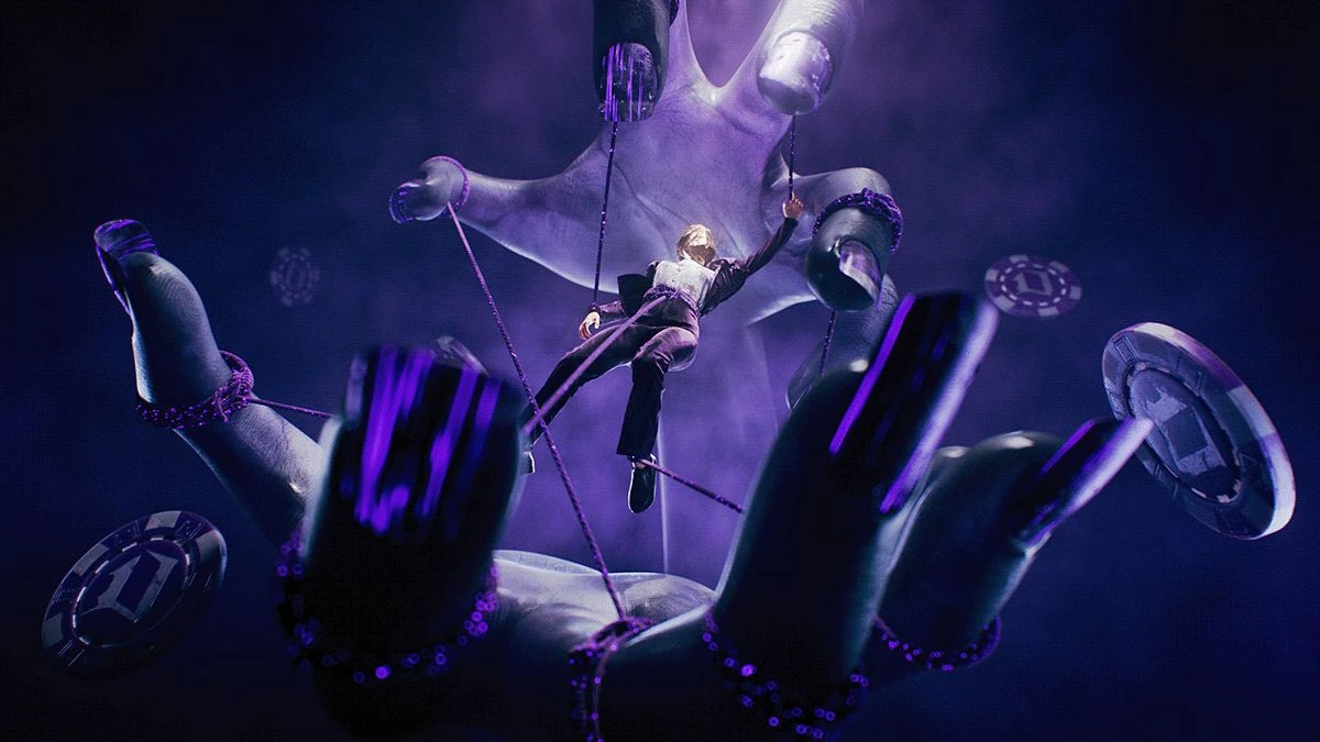 A surreal violet illustration of a figure suspended among monumental hands and floating discs