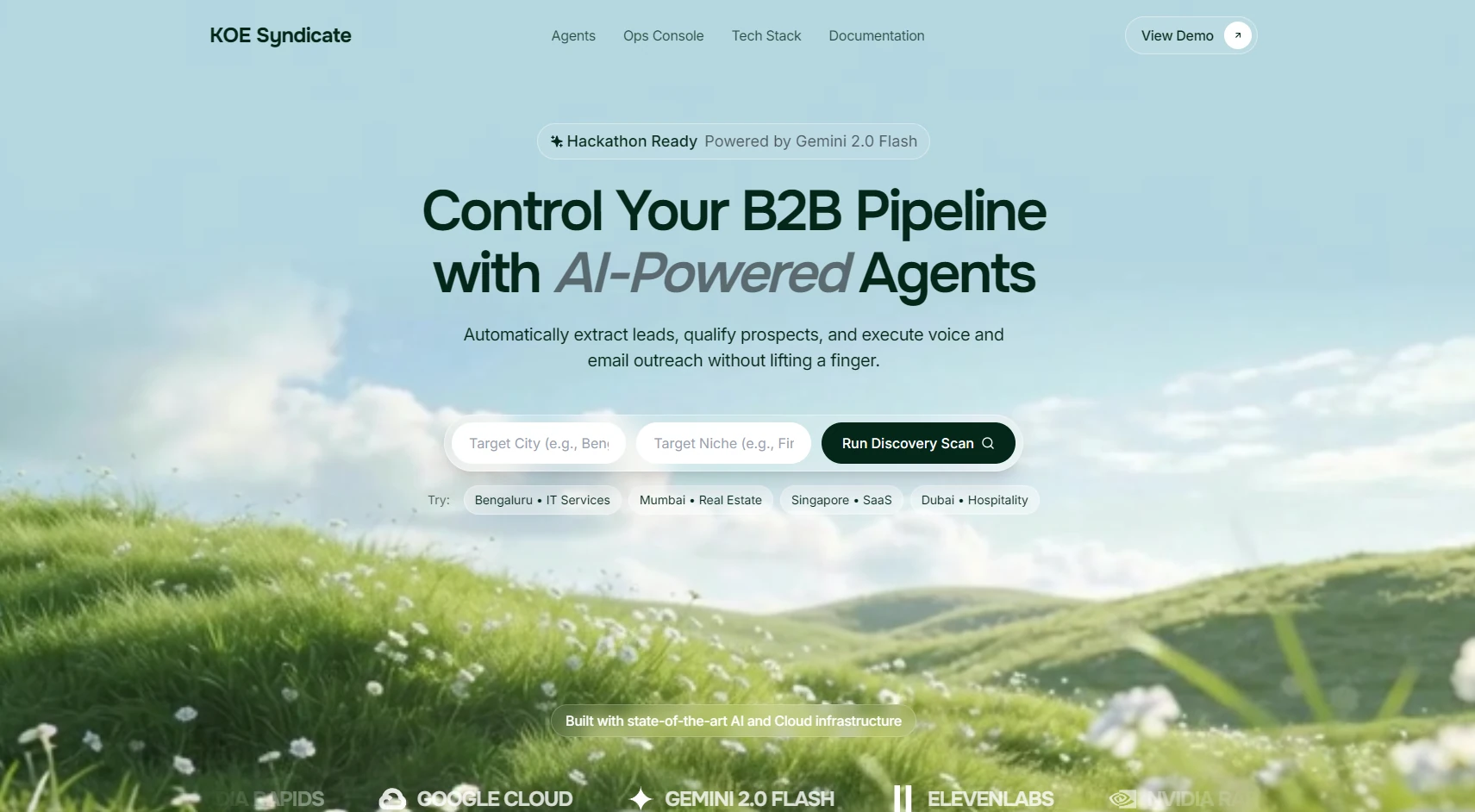 Koe Syndicate landing page showing its B2B pipeline agents, target city and niche fields, and discovery scan action.
