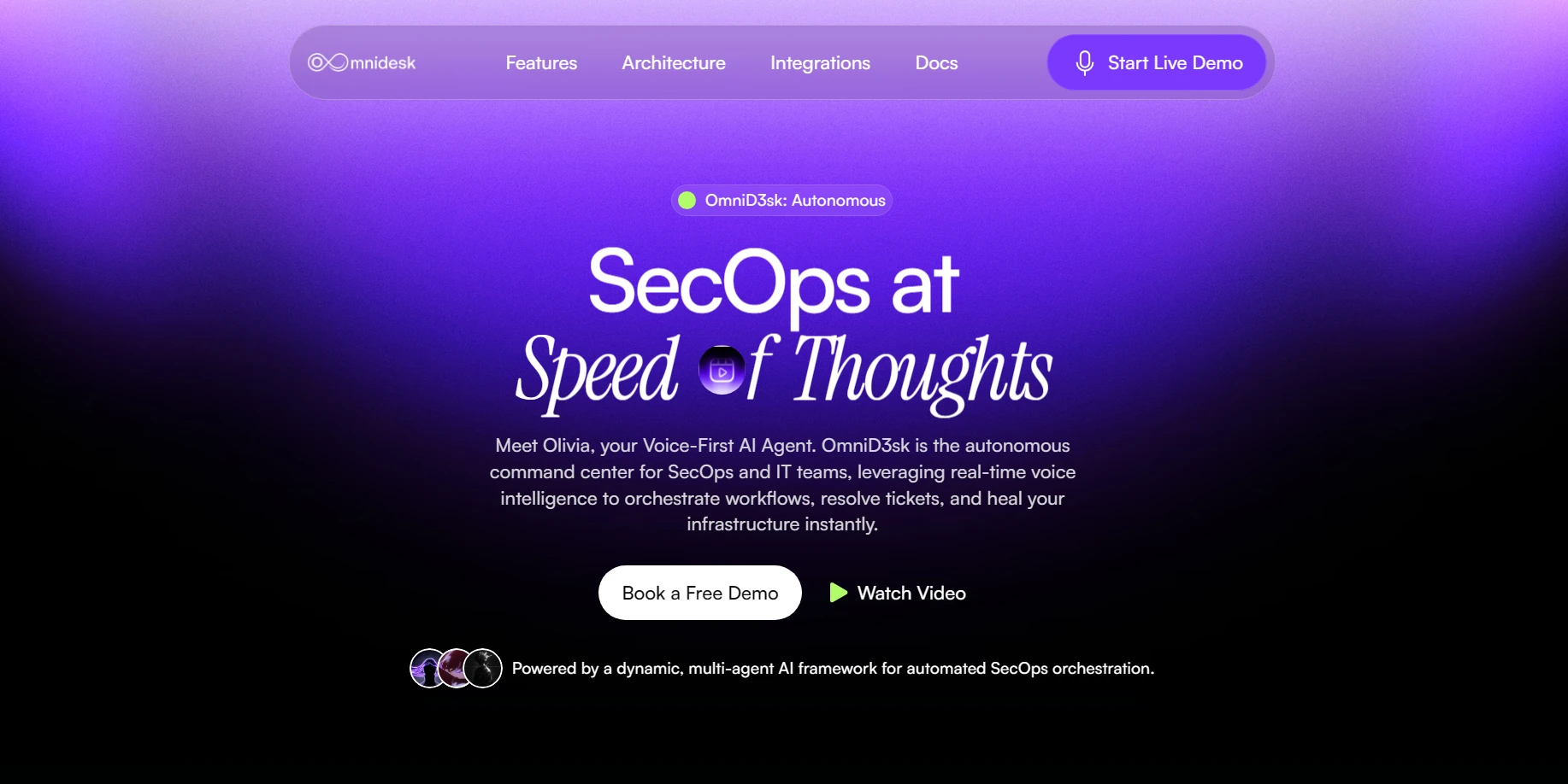 OmniD3sk landing page introducing Olivia, the voice-first AI agent for SecOps and IT teams, on a purple and black background.