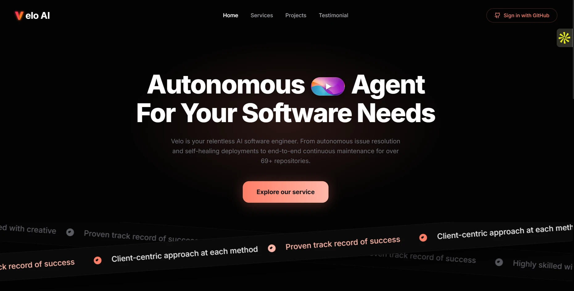 Velo AI landing page presenting its autonomous software agent, with GitHub sign-in and an Explore our service action.